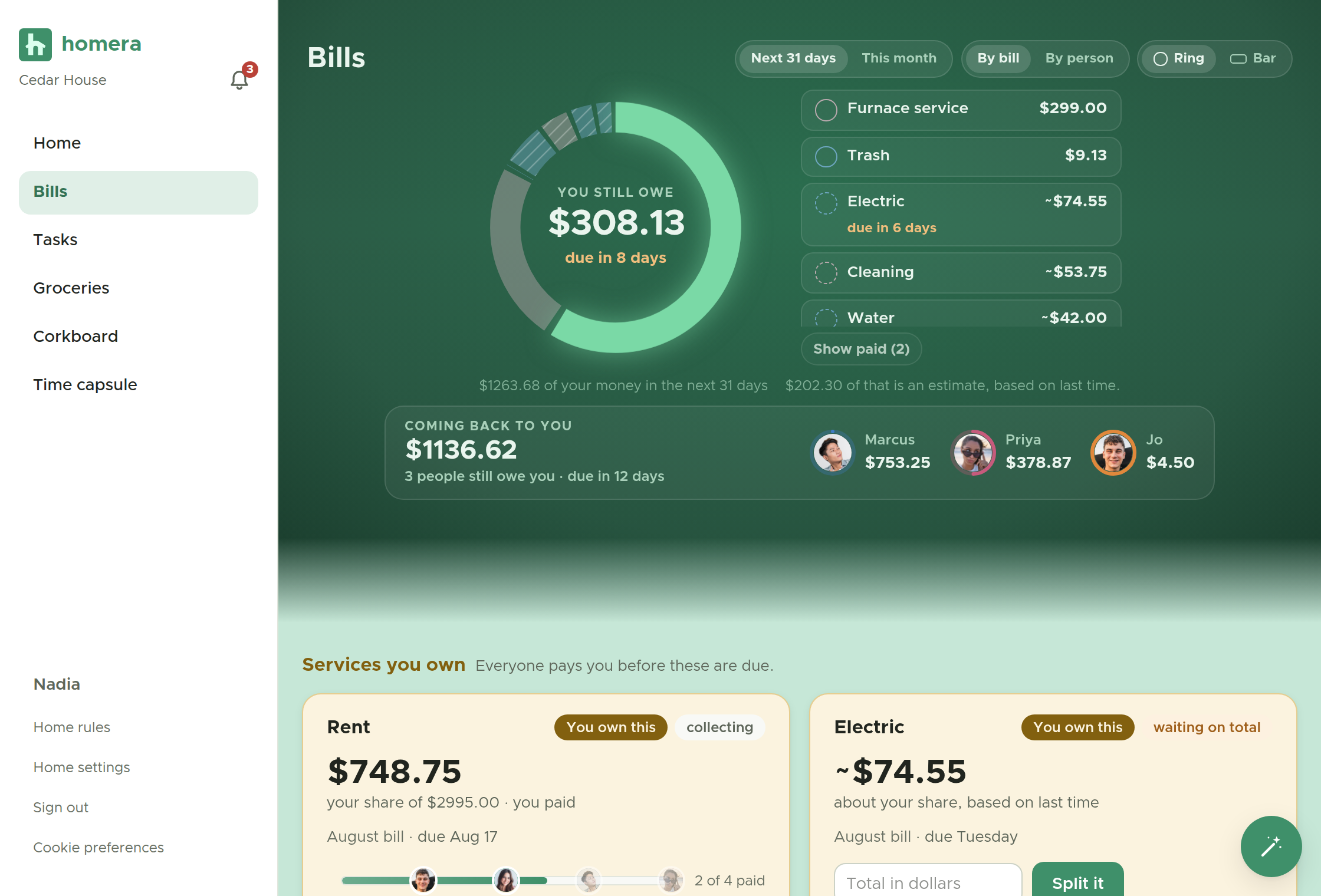 The bills screen, listing each shared bill with its owner, split, and pay-by day.