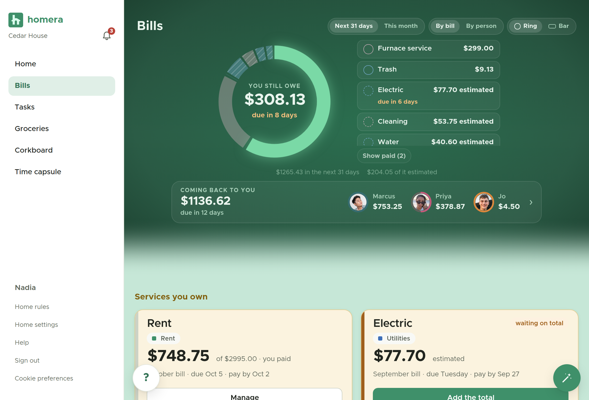 The bills screen, listing each shared bill with its owner, split, and pay-by day.