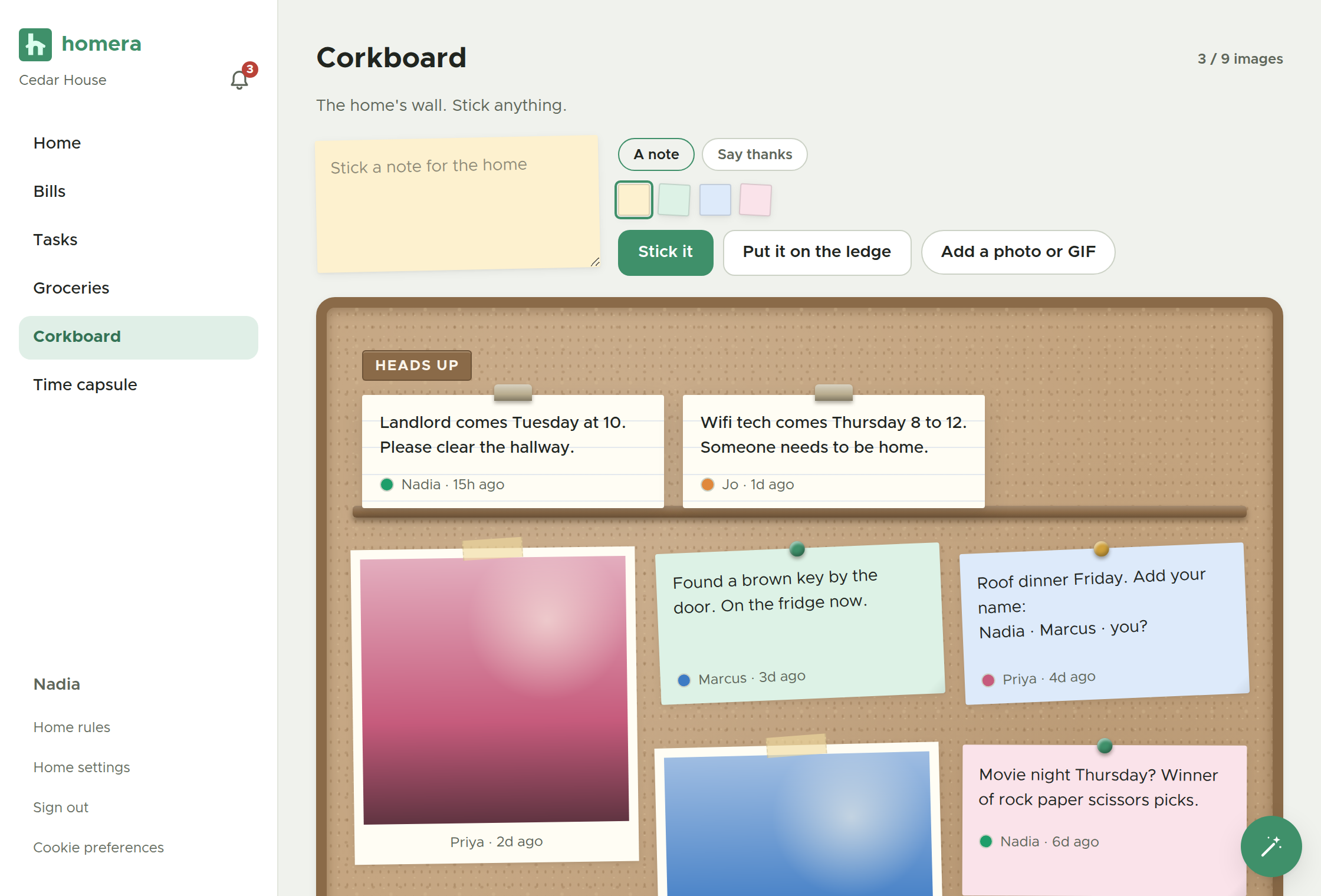 The home corkboard, a shared space for notes and photos the home pins up.