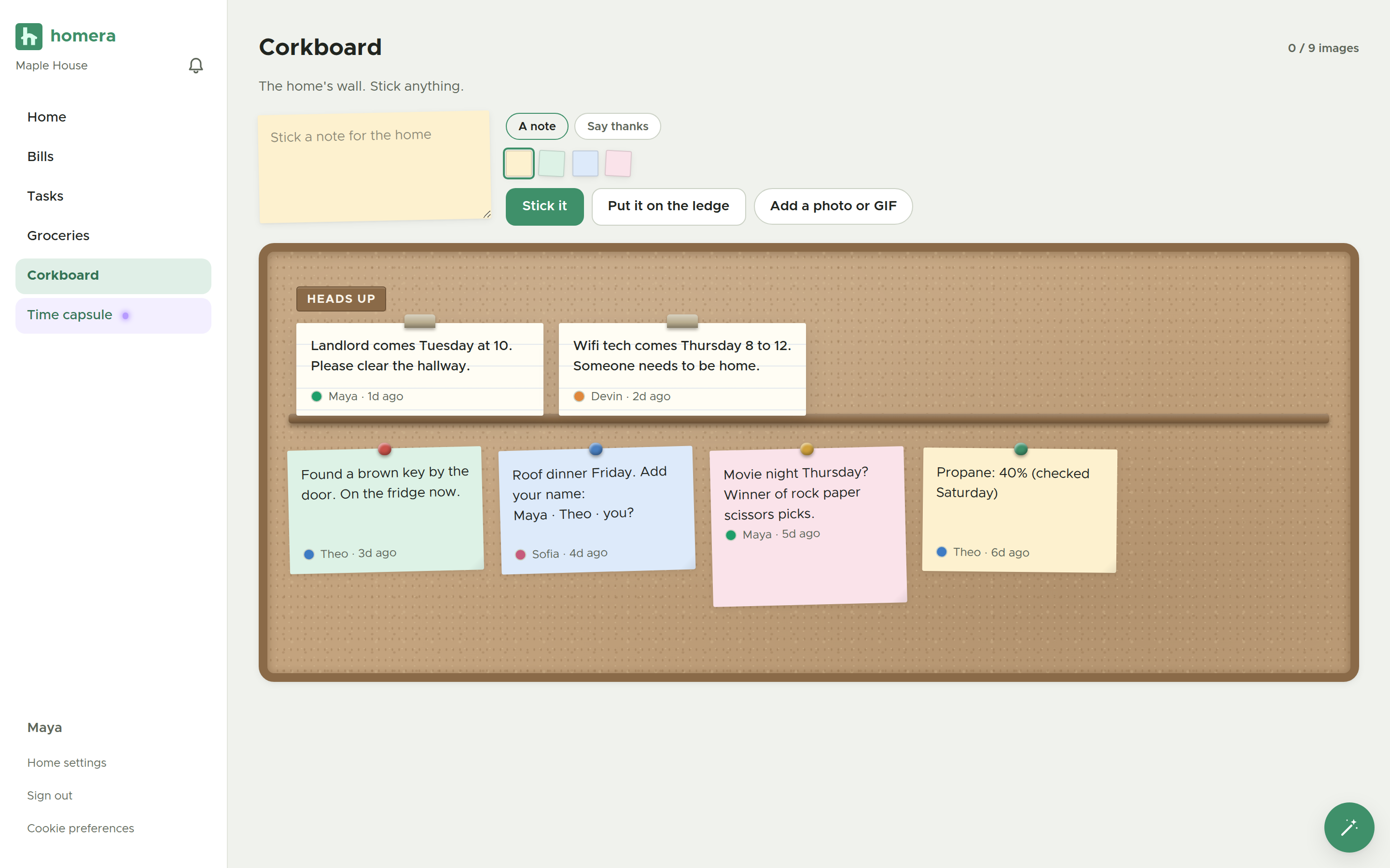 The home corkboard, a shared space for notes and photos the home pins up.