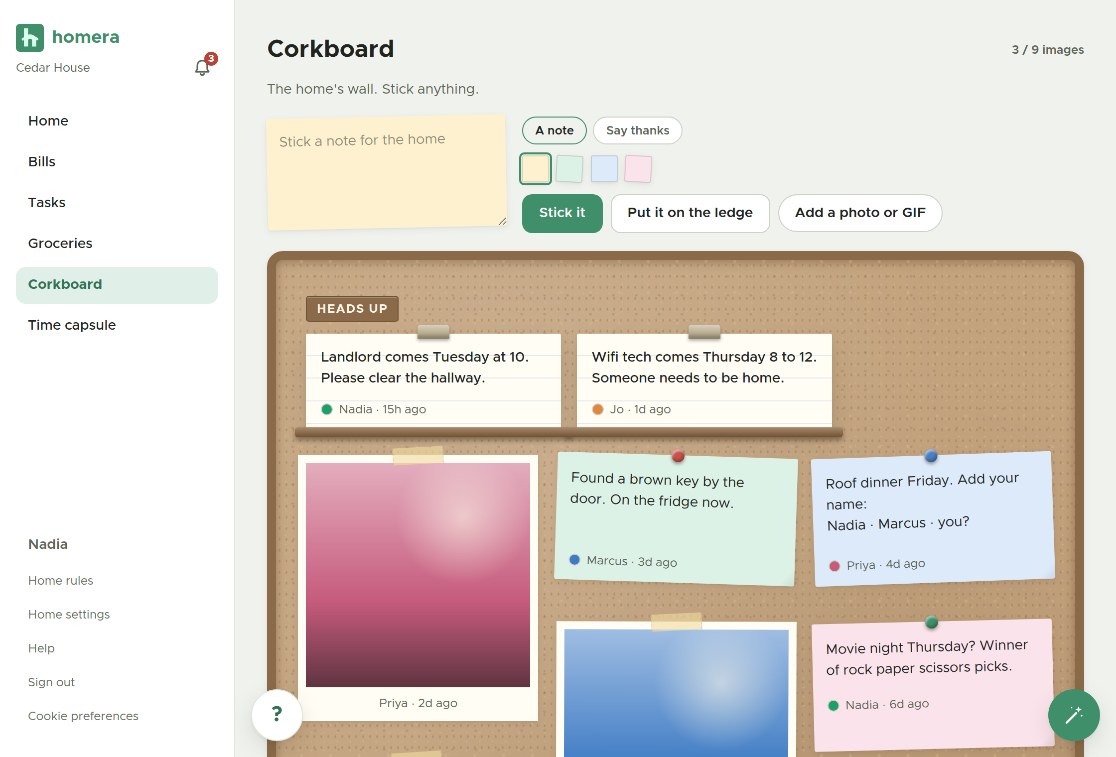 The home corkboard, a shared space for notes and photos the home pins up.