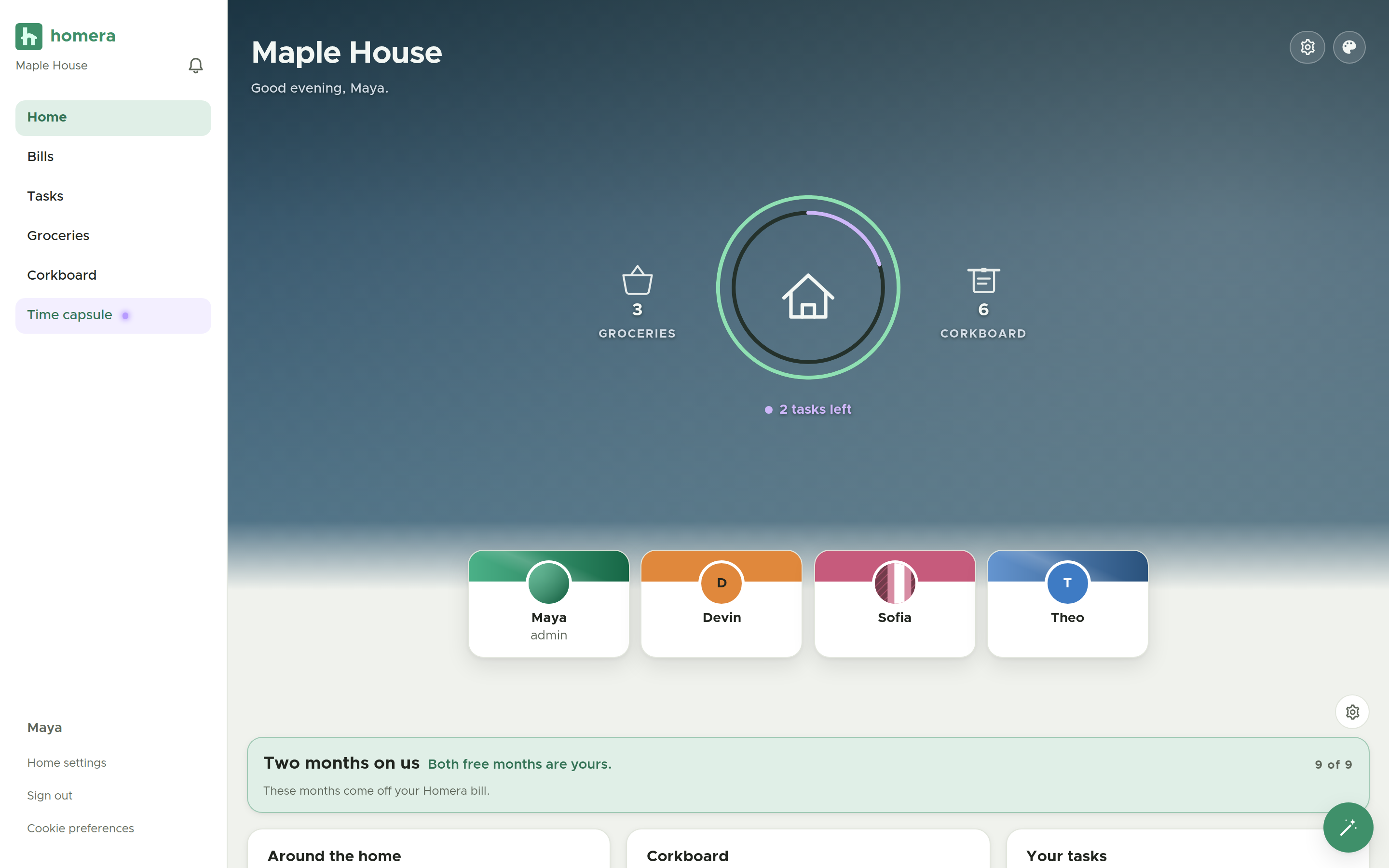 The Homera home dashboard, showing the shared home at a glance with who owes what.