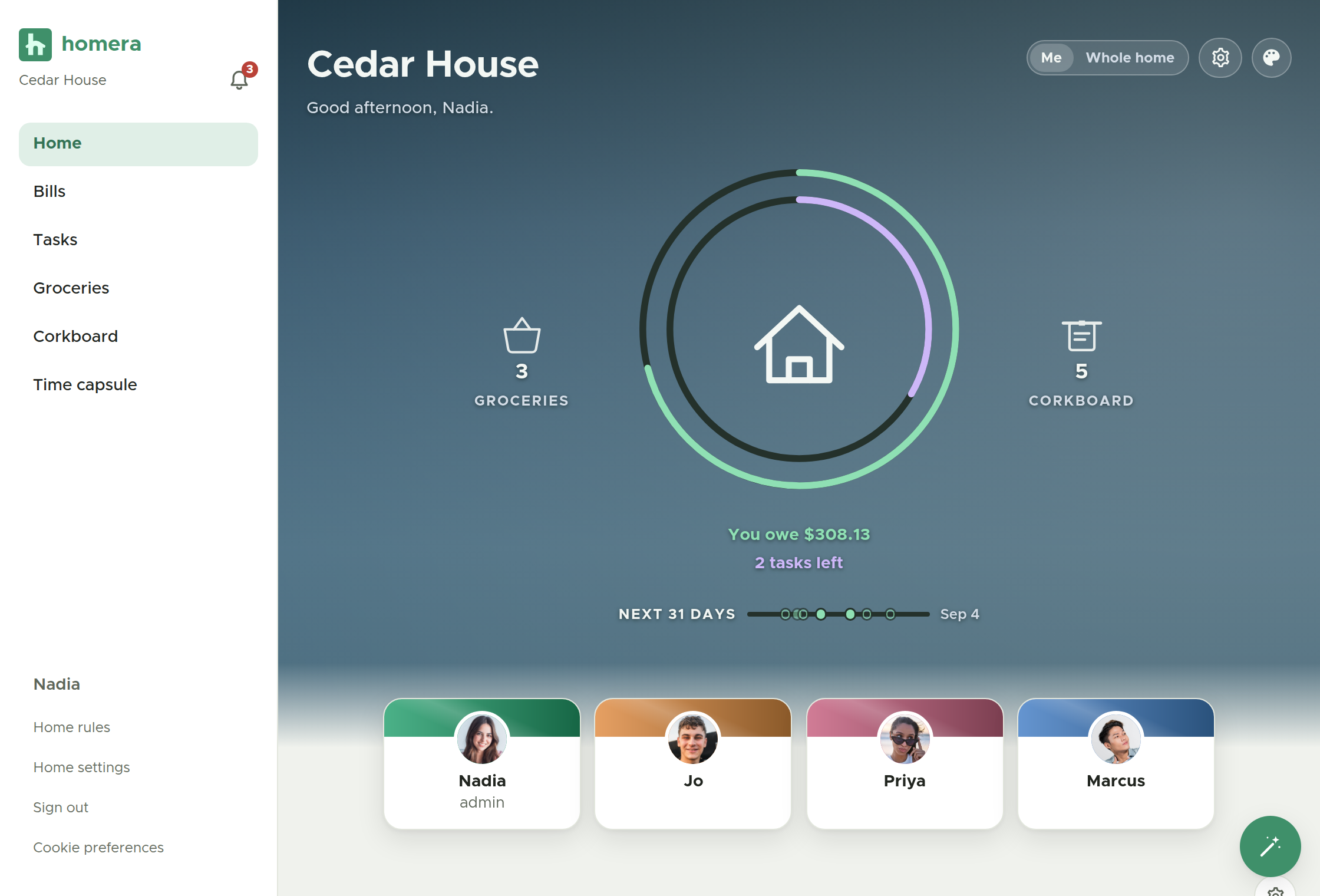 The Homera home dashboard, showing the shared home at a glance with who owes what.