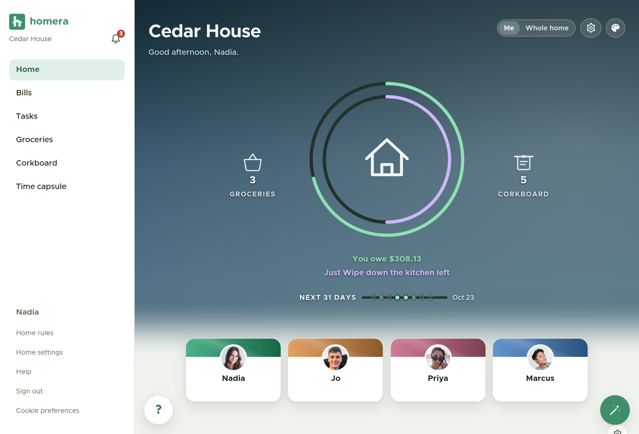 The Homera home dashboard, showing the shared home at a glance with who owes what.