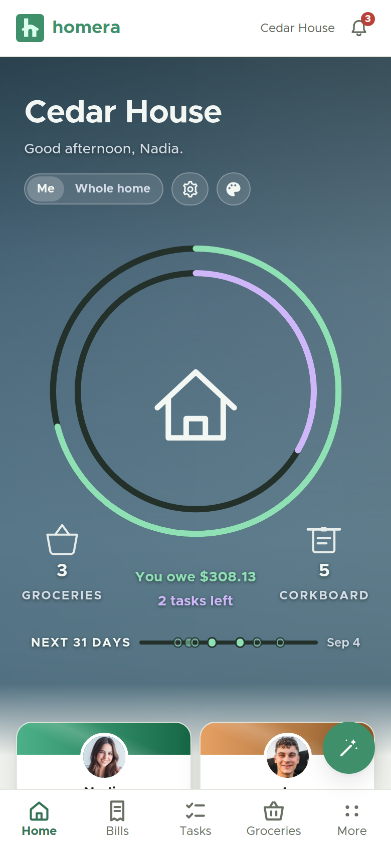 The Homera home dashboard, showing the shared home at a glance with who owes what.
