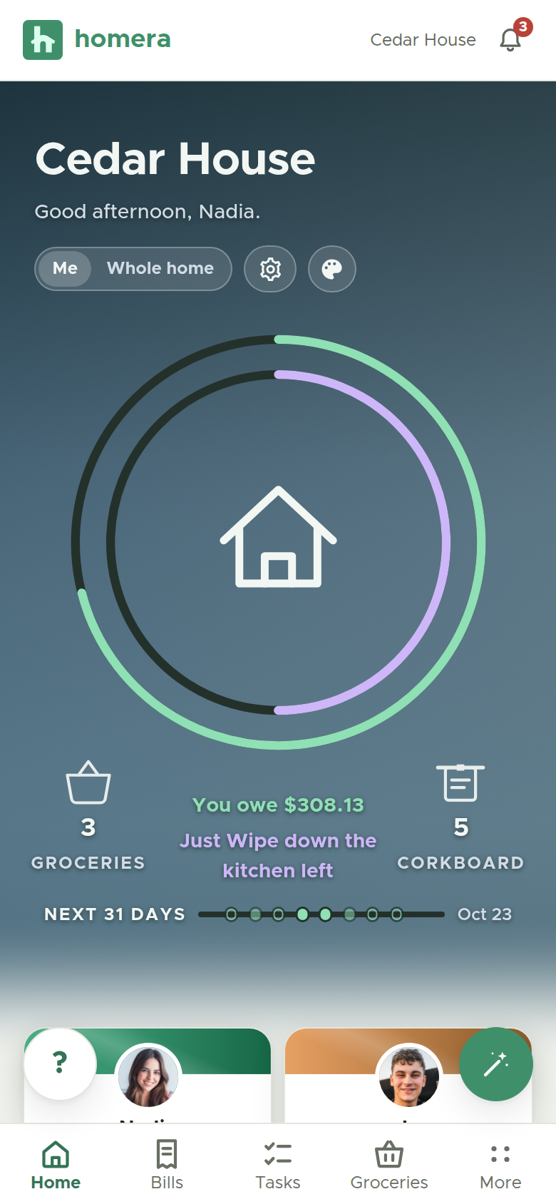The Homera home dashboard, showing the shared home at a glance with who owes what.