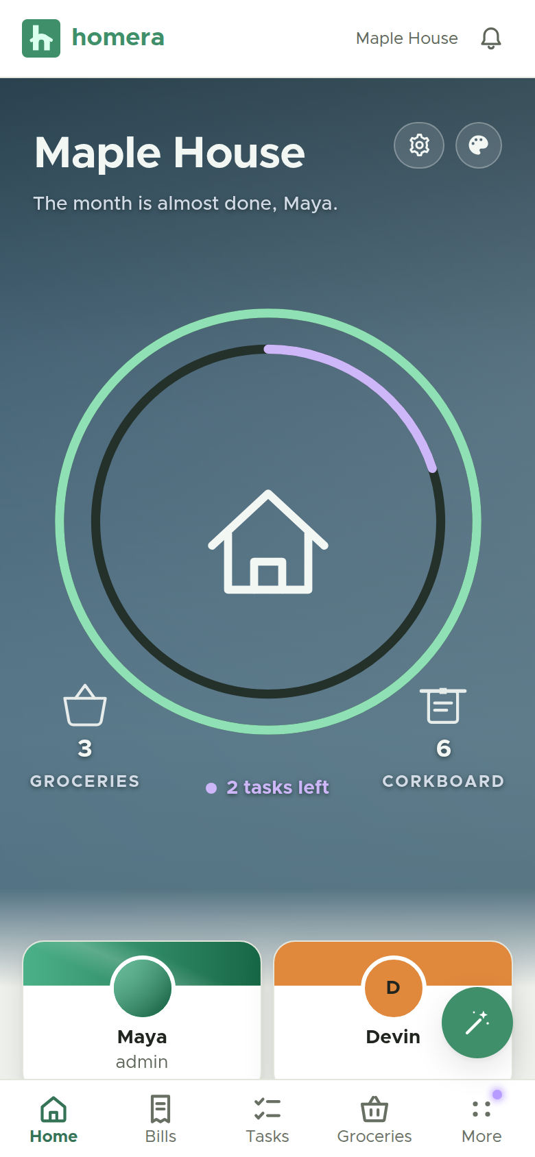 The Homera home dashboard, showing the shared home at a glance with who owes what.