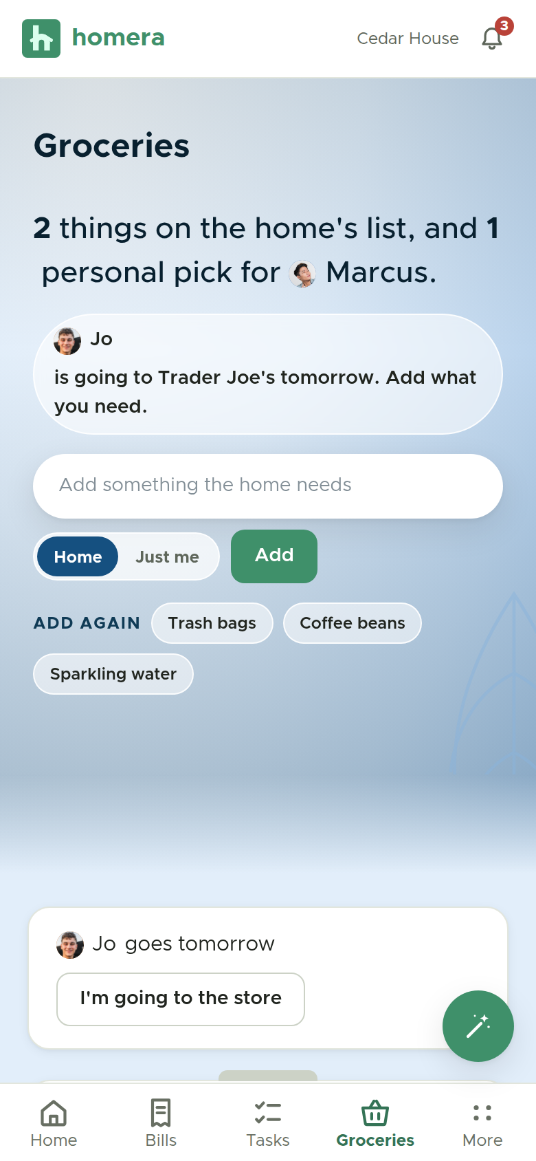 The shared grocery list, one list the whole home adds to and checks off.