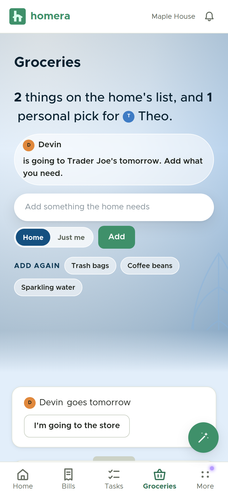 The shared grocery list, one list the whole home adds to and checks off.