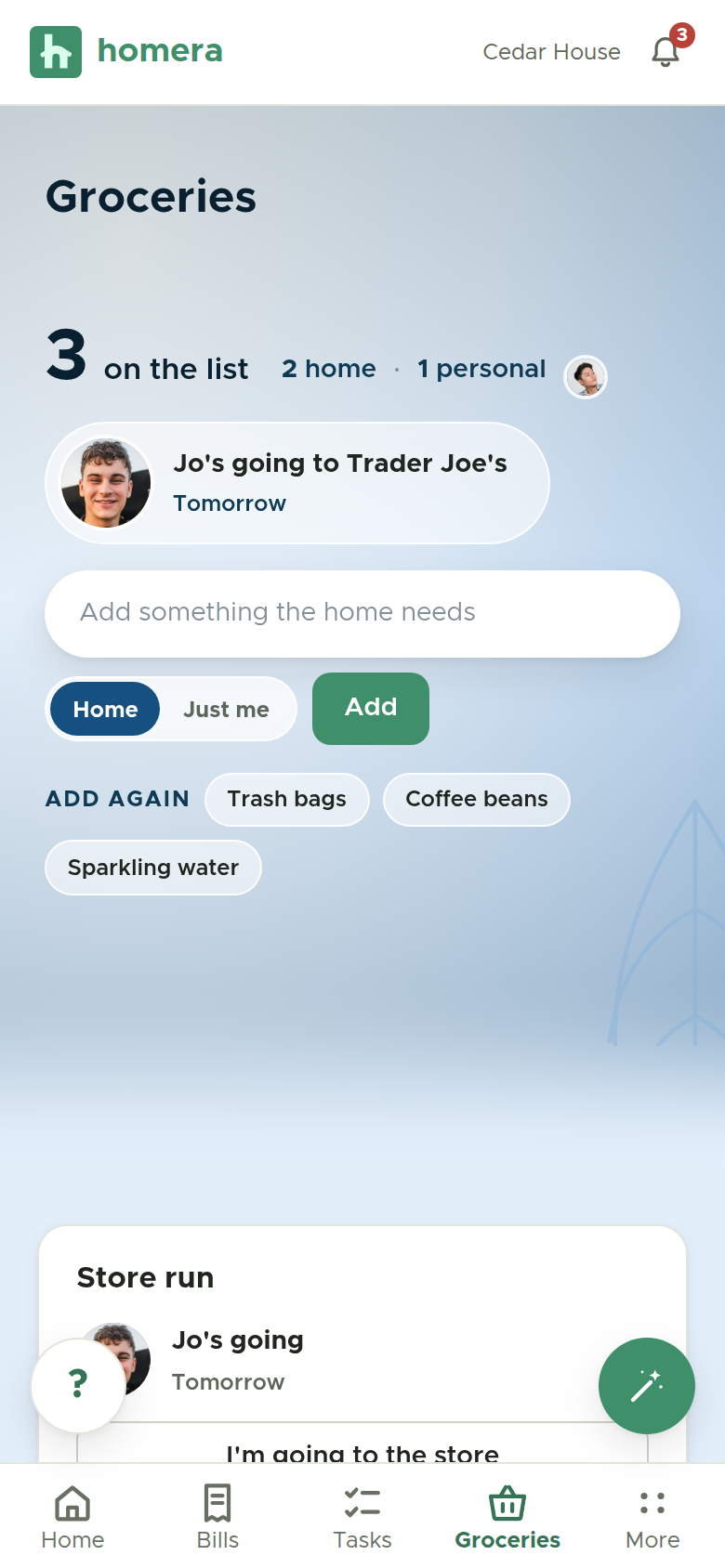 The shared grocery list, one list the whole home adds to and checks off.