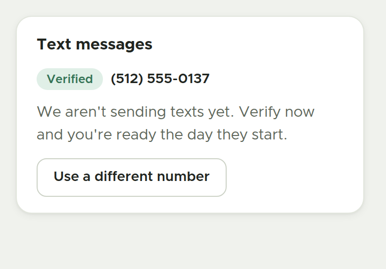 Step four: the number shows as verified, with a note that Homera is not sending texts yet and the option to use a different number.