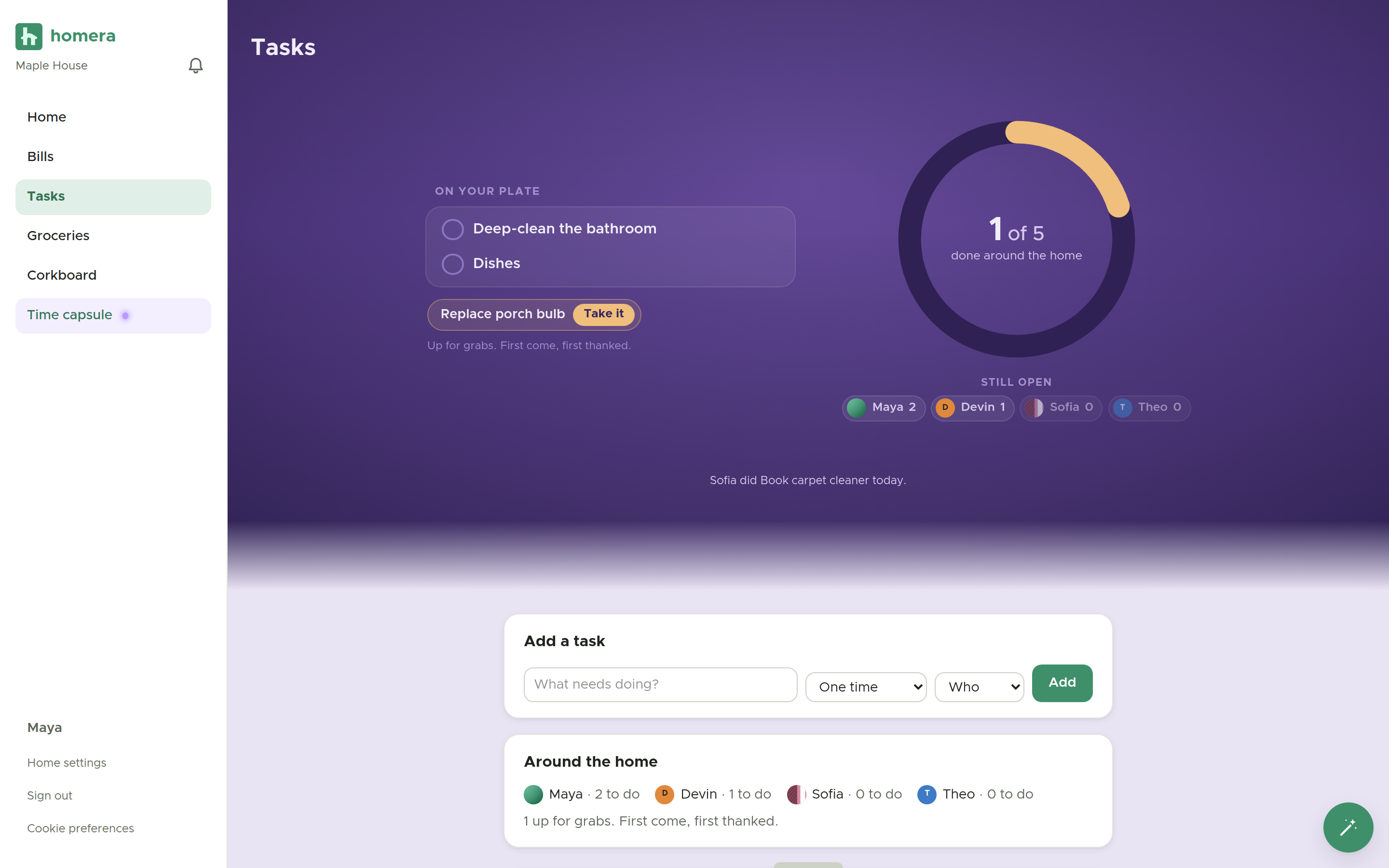 The shared tasks screen, where the whole home tracks chores together.