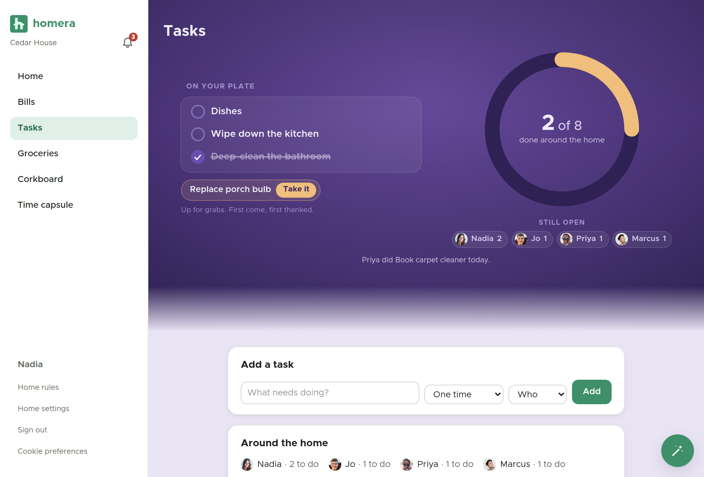 The shared tasks screen, where the whole home tracks chores together.