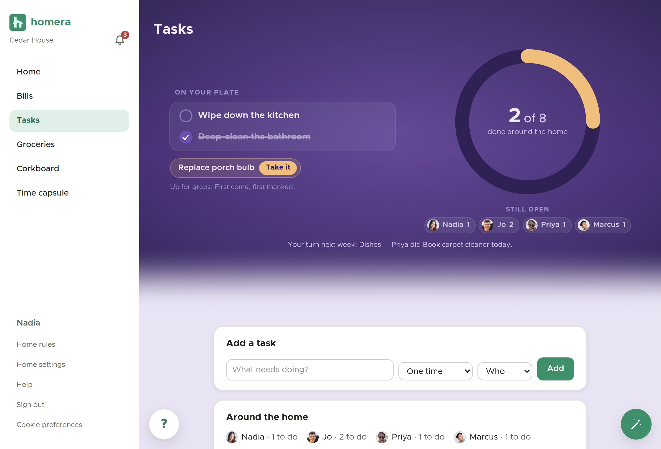 The shared tasks screen, where the whole home tracks chores together.